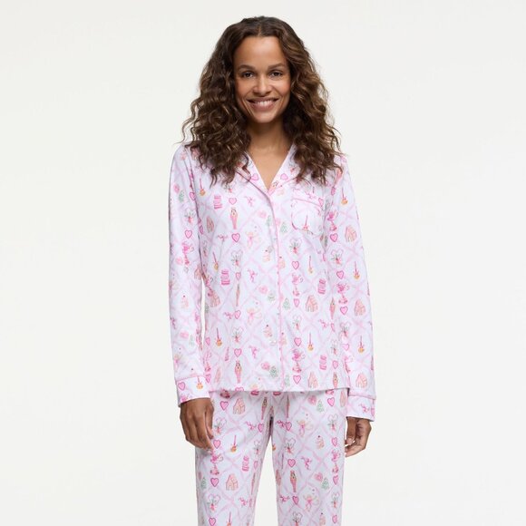 Roller Rabbit Tops - Roller Rabbit Sugarplum Lattice Long Sleeve Polo Pajamas Size M Pink